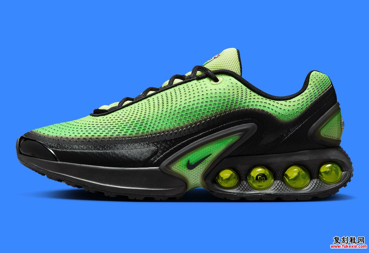 Nike Air Max Dn Light Lemon Twist 側視圖，凸顯其漸變色鞋面和 Dynamic Air 緩震系統。